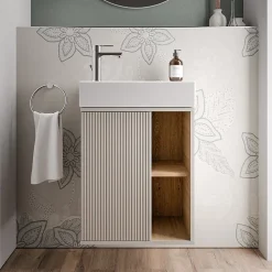 Bernstein Meuble vasque Gris soie de salle de bain 55x24x59cm (LxPxH) 1 porte à gauche + 2 cases rangement - BELDIVO* Lave-Mains