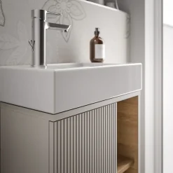 Bernstein Meuble vasque Gris soie de salle de bain 55x24x59cm (LxPxH) 1 porte à gauche + 2 cases rangement - BELDIVO* Lave-Mains