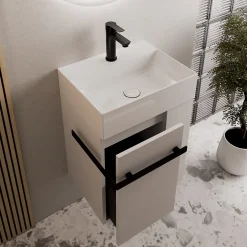 Bernstein Meuble vasque lave-main Blanc mat 45x35x50cm (LxPxH) 1 tiroir + rangement droite + poignée Noir mat - COMPACT450* Lave-Mains