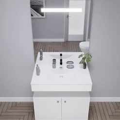 Cuisibane Meuble vasque PMR EPURE 90 cm avec miroir led Elégance et caisson roulant - Blanc brillant