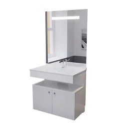 Cuisibane Meuble vasque PMR EPURE 90 cm avec miroir led Elégance et caisson roulant - Blanc brillant