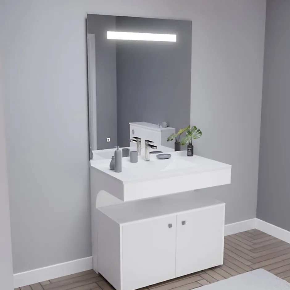 Cuisibane Meuble vasque PMR EPURE 90 cm avec miroir led Elégance et caisson roulant - Blanc brillant