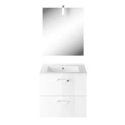 Meuble vasque suspendu blanc l.60 cm + plan vasque en céramique + miroir éclairant, Opah