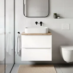 GoodHome Meuble vasque suspendu blanc brillant l.60 cm Imandra + plan de toilette chêne massif Hartland,