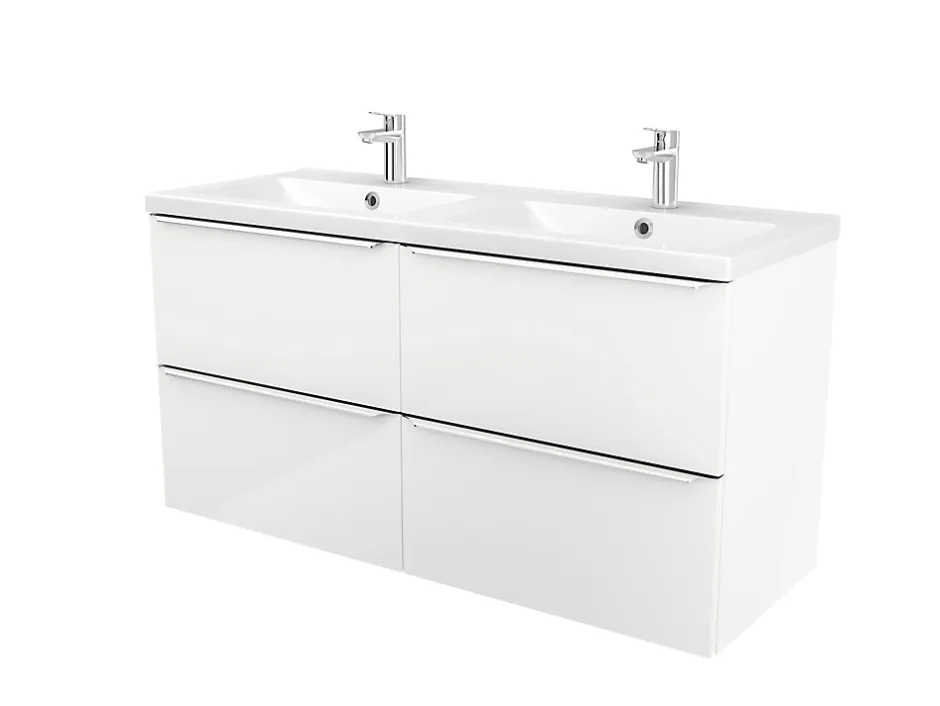 GoodHome Meuble vasque suspendu blanc brillant l.120 cm Imandra + plan double vasque blanc résine Mila,