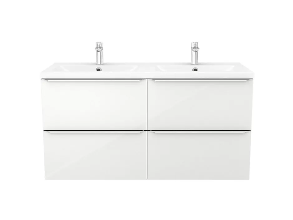 GoodHome Meuble vasque suspendu blanc brillant l.120 cm Imandra + plan double vasque blanc résine Mila,