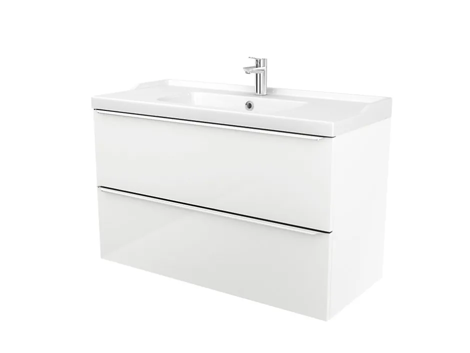 GoodHome Meuble vasque suspendu blanc brillant l.100 cm Imandra + plan vasque blanc céramique Lana,* Meuble Vasque