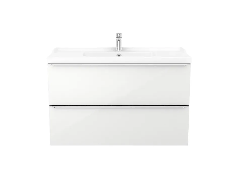 GoodHome Meuble vasque suspendu blanc brillant l.100 cm Imandra + plan vasque blanc céramique Lana,* Meuble Vasque
