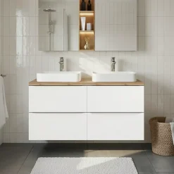 GoodHome Meuble vasque suspendu blanc brillant l.120 cm Imandra + plan de toilette chêne massif Hartland,