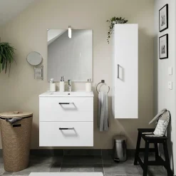 Meuble vasque suspendu blanc l.60 cm + plan vasque en céramique, Opah