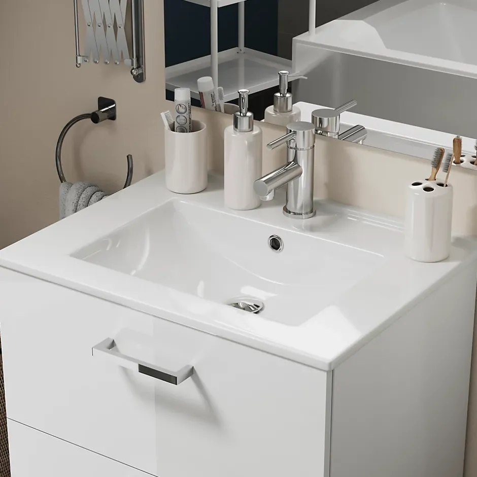 Meuble vasque suspendu blanc l.60 cm + plan vasque en céramique, Opah