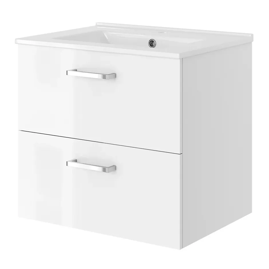 Meuble vasque suspendu blanc l.60 cm + plan vasque en céramique, Opah