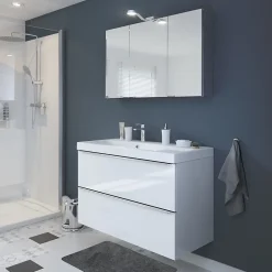 GoodHome Meuble vasque suspendu blanc brillant l.100 cm Imandra + plan vasque blanc résine Mila,* Meuble Vasque