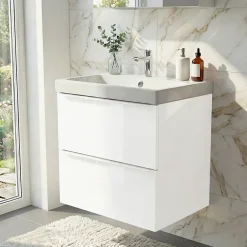 GoodHome Meuble vasque suspendu blanc brillant l.60 cm Imandra + plan vasque blanc résine Mila,* Meuble Vasque