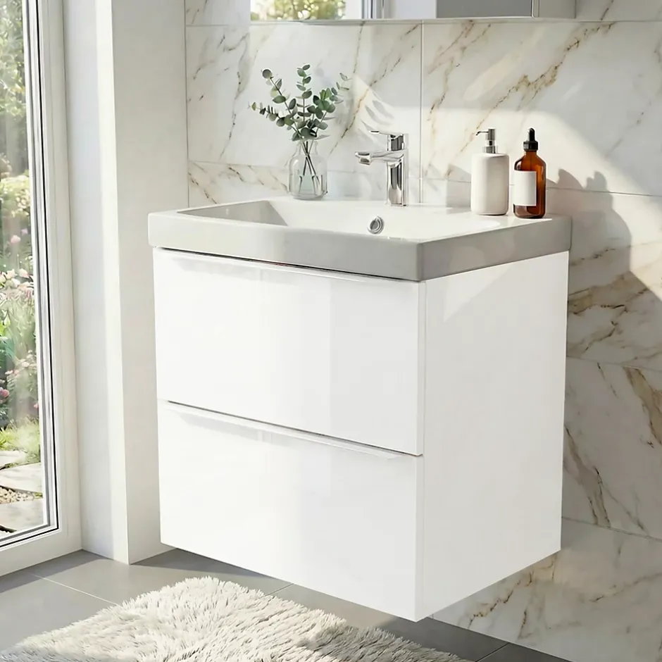 GoodHome Meuble vasque suspendu blanc brillant l.60 cm Imandra + plan vasque blanc résine Mila,* Meuble Vasque