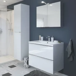 GoodHome Meuble vasque suspendu blanc brillant l.80 cm Imandra + plan vasque blanc résine Mila,* Meuble Vasque