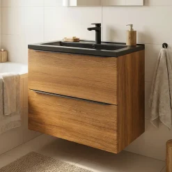 GoodHome Meuble vasque suspendu effet noyer l.80 cm Imandra + plan vasque noir céramique, Nira