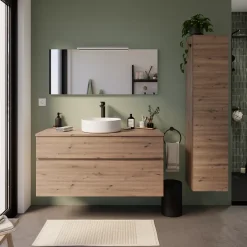 Meuble vasque suspendu effet chêne artisan l.120 cm + plan de toilette, Calao* Meuble Buanderie|Meuble Vasque