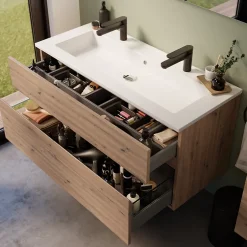 Meuble vasque suspendu effet chêne artisan l.120 cm + plan vasque blanc en résine, Calao* Meuble Vasque