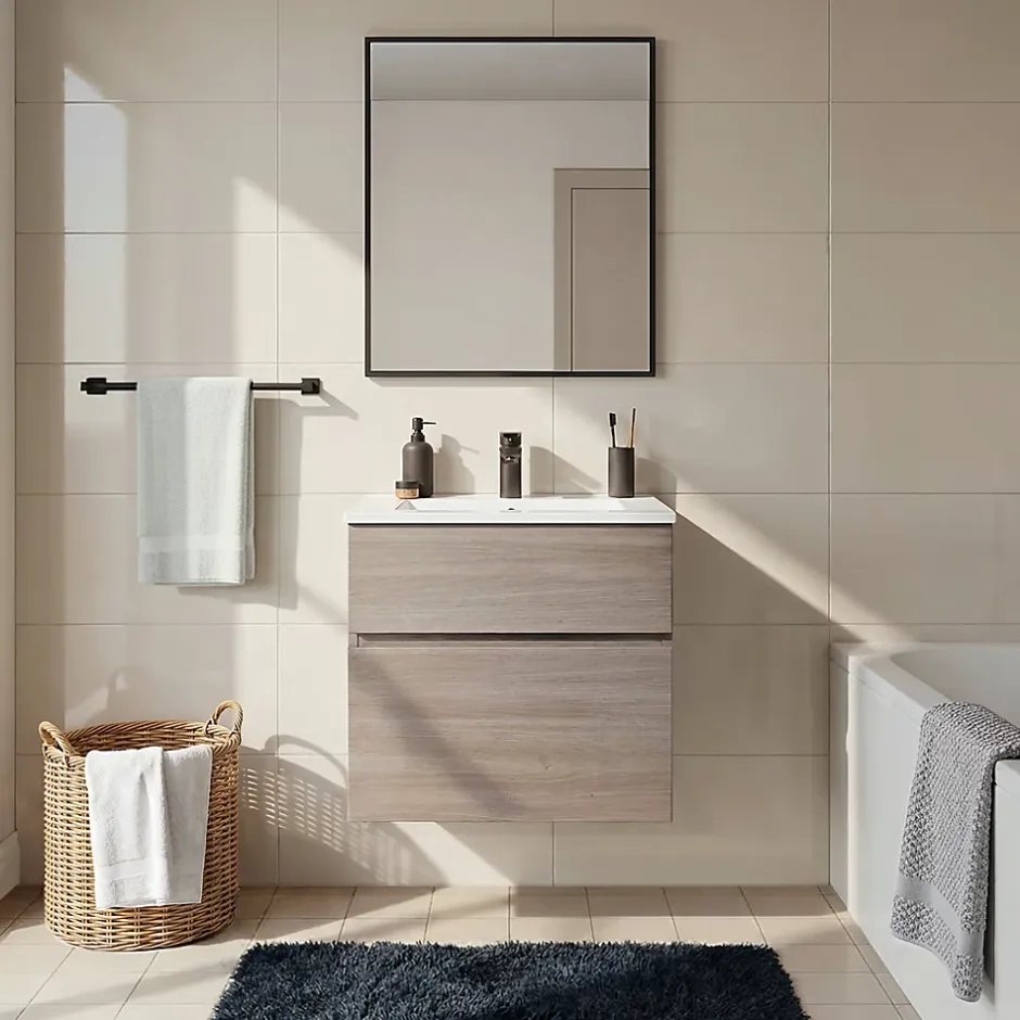 Cooke & Lewis Meuble vasque suspendu effet chêne clair l.60 cm + plan vasque blanc en céramique, Calao