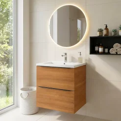GoodHome Meuble vasque suspendu effet noyer l.60 cm Imandra + plan vasque blanc céramique Nira,