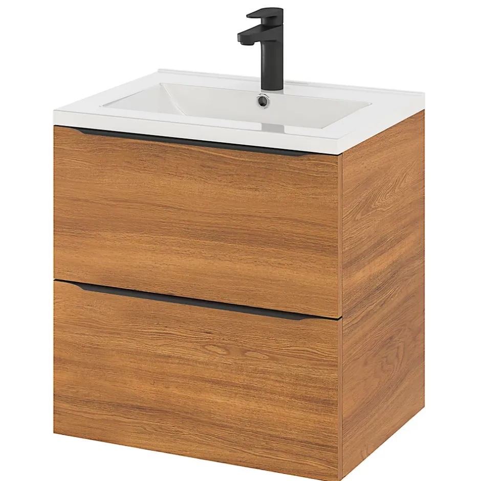 GoodHome Meuble vasque suspendu effet noyer l.60 cm Imandra + plan vasque blanc céramique Nira,
