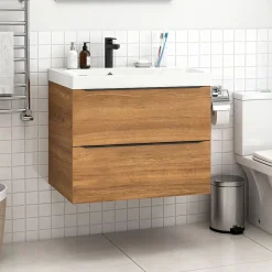 GoodHome Meuble vasque suspendu effet noyer l.80 cm Imandra + plan vasque blanc résine Mila,* Meuble Vasque