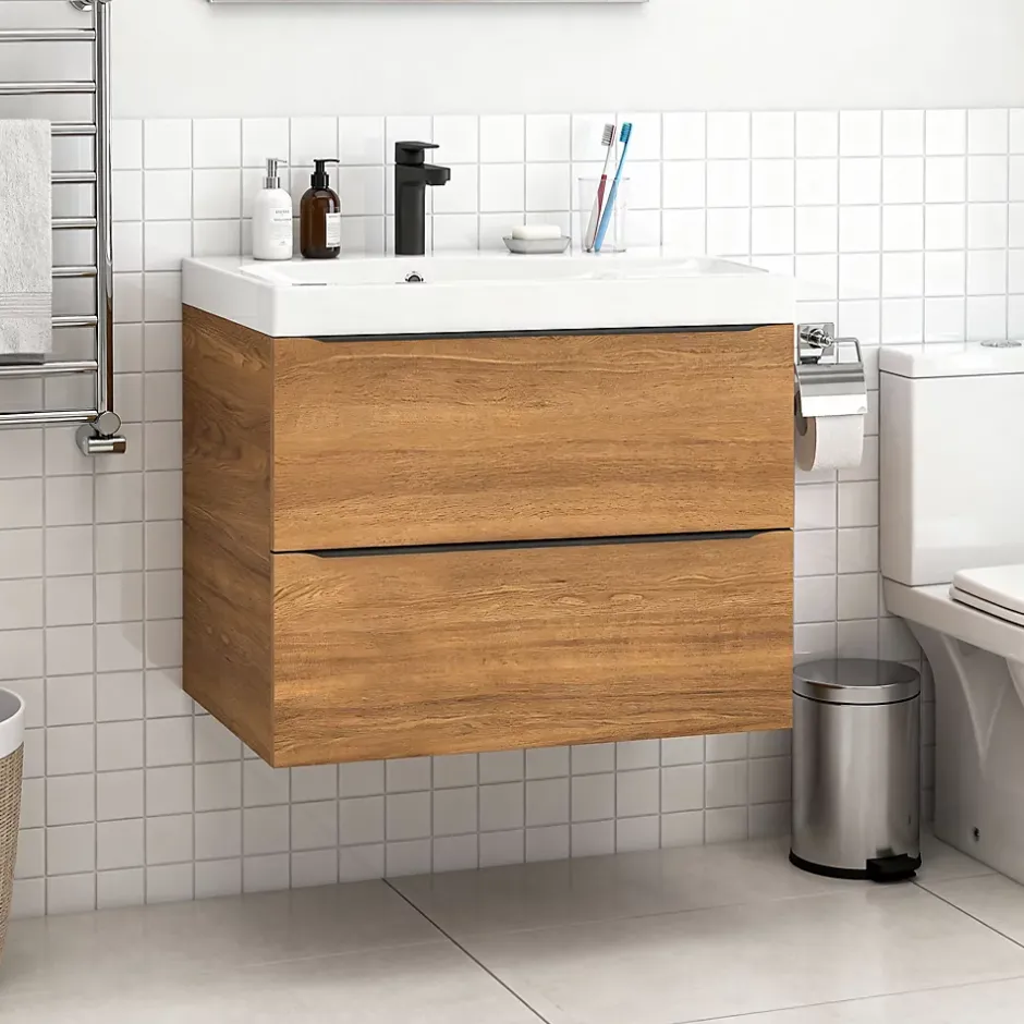 GoodHome Meuble vasque suspendu effet noyer l.80 cm Imandra + plan vasque blanc résine Mila,* Meuble Vasque