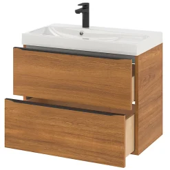 GoodHome Meuble vasque suspendu effet noyer l.80 cm Imandra + plan vasque blanc résine Mila,* Meuble Vasque