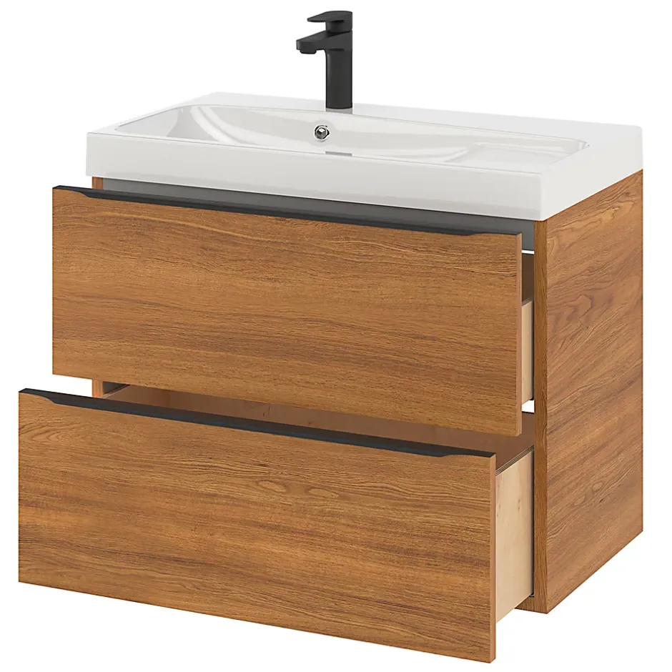 GoodHome Meuble vasque suspendu effet noyer l.80 cm Imandra + plan vasque blanc résine Mila,* Meuble Vasque