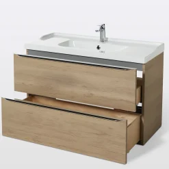 GoodHome Meuble vasque suspendu effet chêne l.100 cm Imandra + plan vasque blanc céramique Lana,