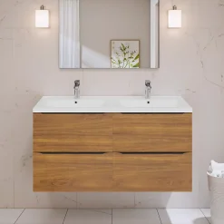 GoodHome Meuble vasque suspendu effet noyer l.120 cm Imandra + plan double vasque blanc céramique Nira,* Meuble Vasque