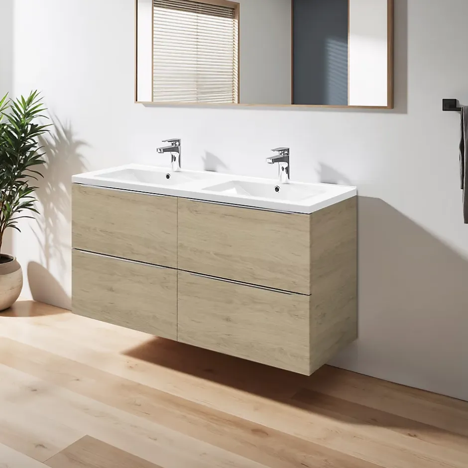 GoodHome Meuble vasque suspendu effet chêne l.120 cm Imandra + plan double vasque blanc céramique Nira,