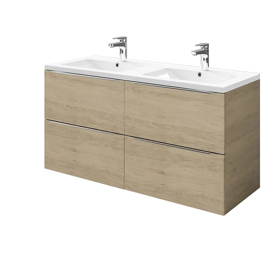GoodHome Meuble vasque suspendu effet chêne l.120 cm Imandra + plan double vasque blanc céramique Nira,