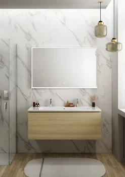 Ipiemme SRL Meuble vasque suspendu effet chêne l.120 cm + plan vasque blanc céramique pour 2 robinets, Pura+