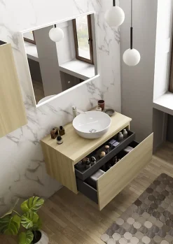 Ipiemme SRL Meuble vasque suspendu effet chêne l.90 cm + plan de toilette effet chêne, Pura+