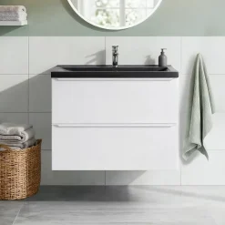 GoodHome Meuble vasque suspendu faible profondeur blanc mat l.80 cm Imandra + plan vasque noir céramique Nira,