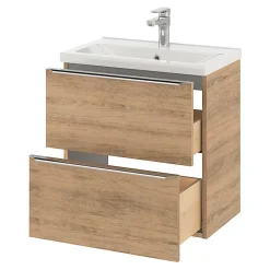 GoodHome Meuble vasque suspendu faible profondeur effet chêne l.60 cm Imandra + plan vasque blanc céramique Nira,* Meuble De Salle De Bains Faible Profondeur|Meuble Vasque