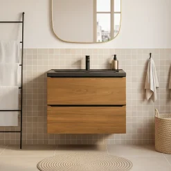 GoodHome Meuble vasque suspendu faible profondeur effet noyer l.80 cm Imandra + plan vasque noir céramique, Nira* Meuble De Salle De Bains Faible Profondeur