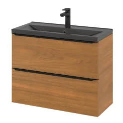 GoodHome Meuble vasque suspendu faible profondeur effet noyer l.80 cm Imandra + plan vasque noir céramique, Nira* Meuble De Salle De Bains Faible Profondeur