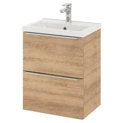 GoodHome Meuble vasque suspendu faible profondeur effet chêne l.50 cm Imandra + plan vasque blanc céramique Nira,* Meuble Vasque|Meuble De Salle De Bains Faible Profondeur
