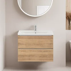 GoodHome Meuble vasque suspendu faible profondeur effet chêne l.80 cm Imandra + plan vasque blanc céramique Nira,