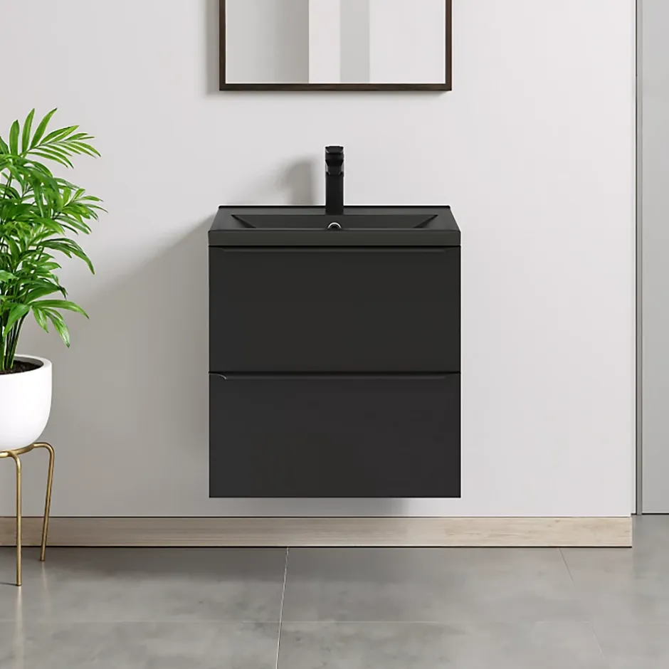 GoodHome Meuble vasque suspendu faible profondeur noir mat l.60 cm Imandra + plan vasque noir céramique Nira,