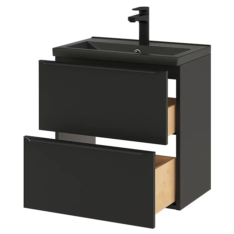 GoodHome Meuble vasque suspendu faible profondeur noir mat l.60 cm Imandra + plan vasque noir céramique Nira,