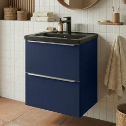 GoodHome Meuble vasque suspendu faible profondeur bleu nuit mat l.50 cm Imandra + plan vasque noir céramique Nira,