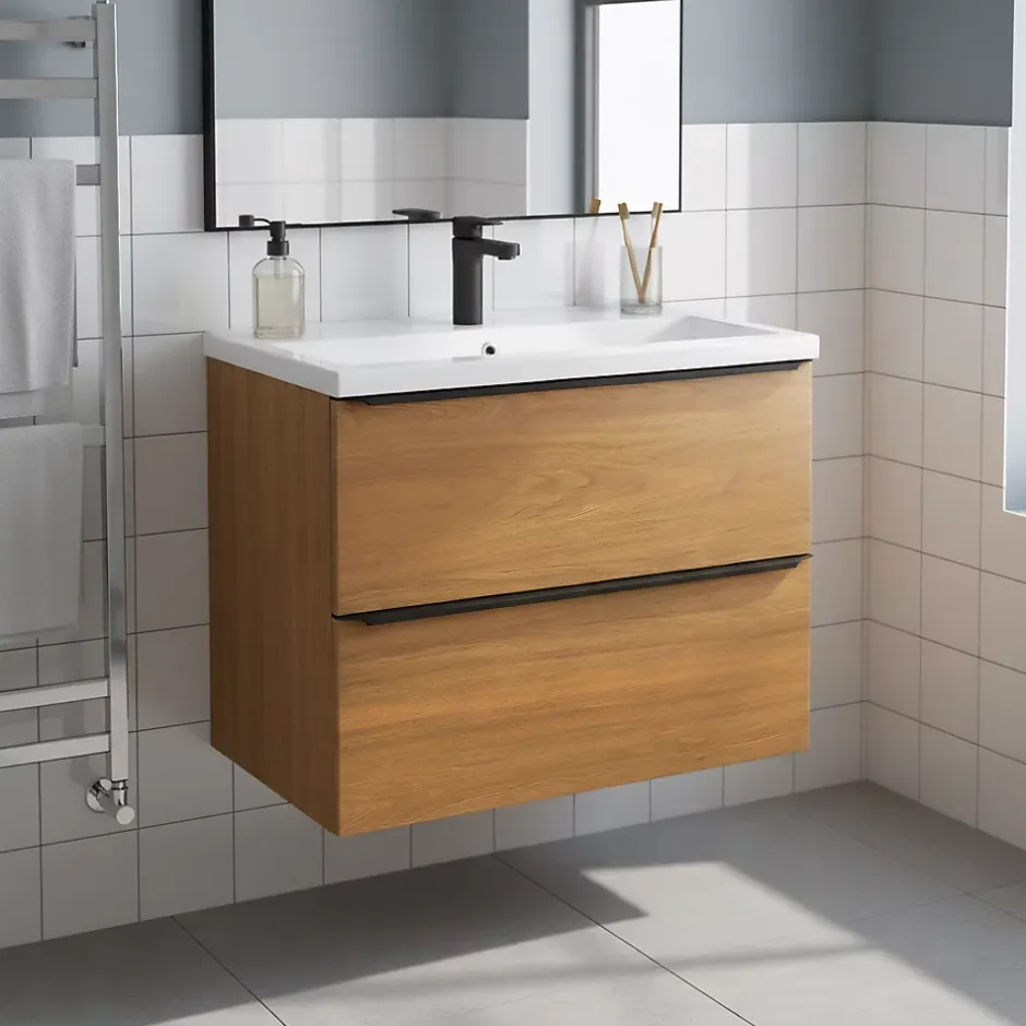 GoodHome Meuble vasque suspendu faible profondeur effet noyer l.80 cm Imandra + plan vasque blanc céramique Nira,* Meuble Vasque|Meuble De Salle De Bains Faible Profondeur