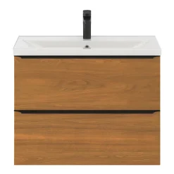 GoodHome Meuble vasque suspendu faible profondeur effet noyer l.80 cm Imandra + plan vasque blanc céramique Nira,* Meuble Vasque|Meuble De Salle De Bains Faible Profondeur