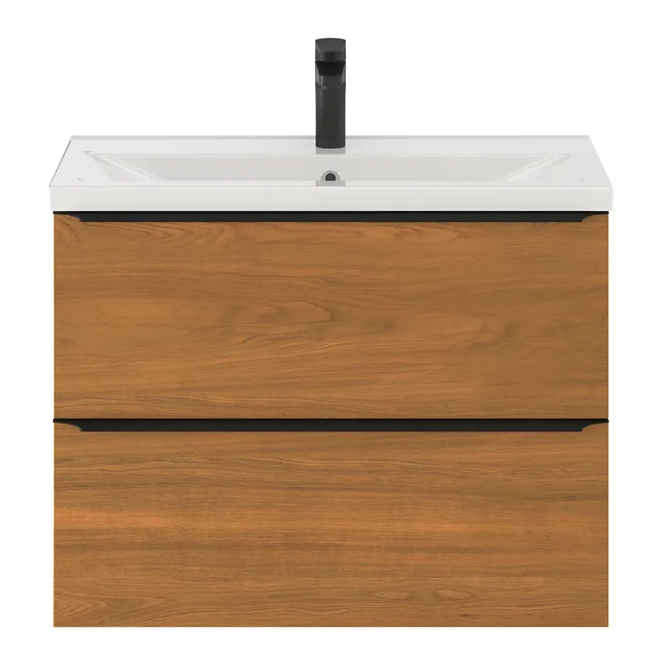 GoodHome Meuble vasque suspendu faible profondeur effet noyer l.80 cm Imandra + plan vasque blanc céramique Nira,* Meuble Vasque|Meuble De Salle De Bains Faible Profondeur