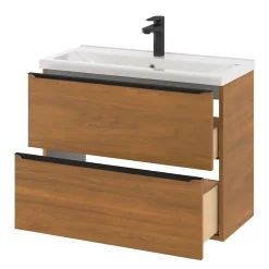 GoodHome Meuble vasque suspendu faible profondeur effet noyer l.80 cm Imandra + plan vasque blanc céramique Nira,* Meuble Vasque|Meuble De Salle De Bains Faible Profondeur