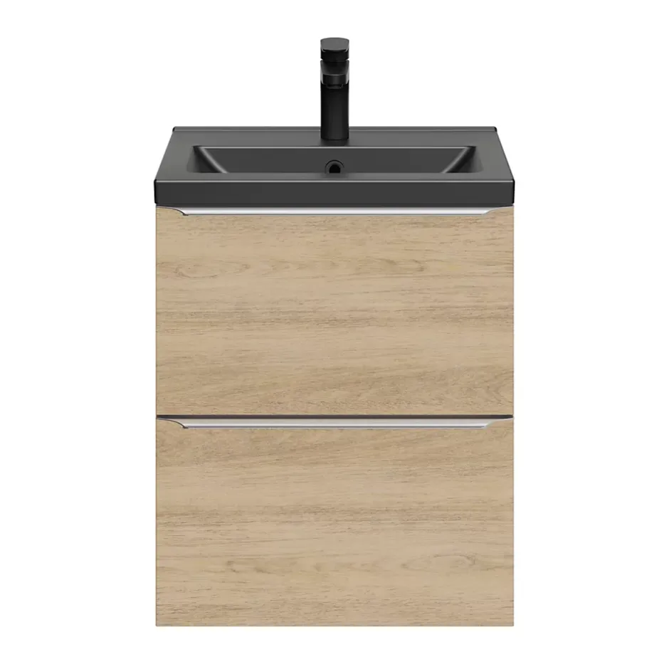 GoodHome Meuble vasque suspendu faible profondeur effet chêne l.50 cm Imandra + plan vasque noir céramique Nira,* Meuble De Salle De Bains Faible Profondeur|Meuble Vasque